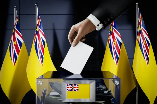 Bandiere Niue Mano Cadere Scheda Elettorale Una Scatola Voto Concetto — Foto Stock