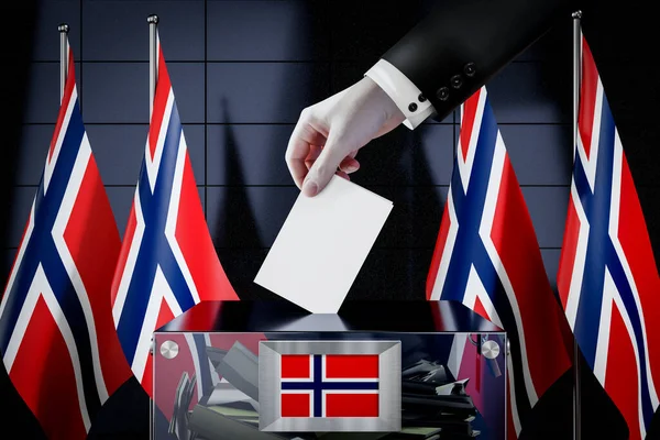 Norské Vlajky Ruční Upuštění Volební Karty Boxu Hlasování Volební Koncepce — Stock fotografie
