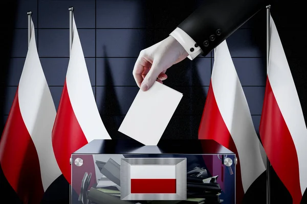 Bandeiras Polônia Mão Soltando Cartão Cédula Uma Caixa Votação Conceito — Fotografia de Stock