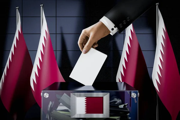Bandeiras Qatar Mão Soltando Cartão Cédula Uma Caixa Votação Conceito — Fotografia de Stock