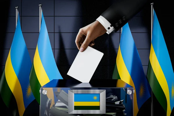 Bandiere Ruandesi Mano Cadere Scheda Elettorale Una Scatola Voto Concetto — Foto Stock