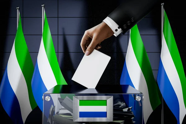 Bandiere Sierra Leone Mano Cadere Scheda Elettorale Una Scatola Voto — Foto Stock