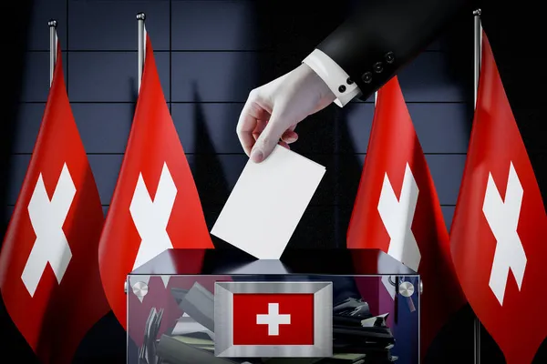 Schweizer Flaggen Hand Wirft Wahlkarte Eine Box Abstimmung Wahlkonzept Illustration — Stockfoto