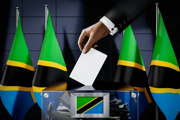 Bandiere Della Tanzania Mano Cadere Scheda Elettorale Una Scatola Voto — Foto Stock
