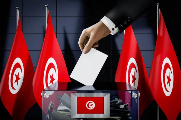 Tunesien Flaggen Hand Wirft Wahlkarte Eine Box Abstimmung Wahlkonzept Illustration — Stockfoto