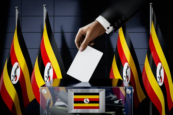 Bandiere Uganda Mano Cadere Scheda Elettorale Una Scatola Voto Concetto — Foto Stock