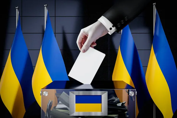 ウクライナの旗 投票カードを箱に落とす 選挙の概念 3Dイラスト — ストック写真