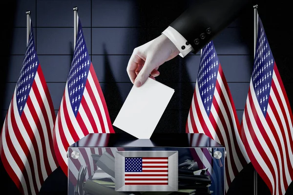 United States America Flags Hand Dropping Ballot Card Box Voting — Stock Photo, Image