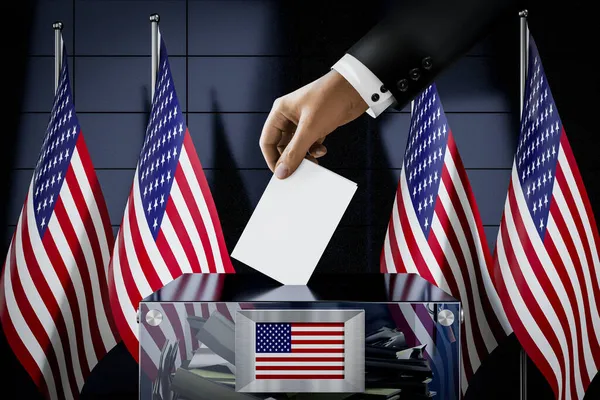 United States America Flags Hand Dropping Ballot Card Box Voting — Stock Photo, Image