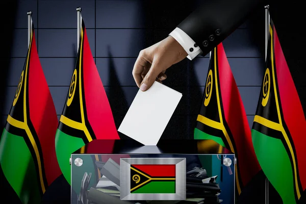 Vanuatu Flaggor Hand Släppa Röstsedel Kort Låda Omröstning Val Koncept — Stockfoto