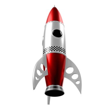 Gümüş ve kırmızı oyuncak roket - 3D illüstrasyon