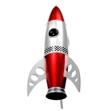 Gümüş ve kırmızı oyuncak roket - 3D illüstrasyon