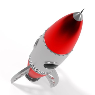 Gümüş ve kırmızı oyuncak roket - 3D illüstrasyon