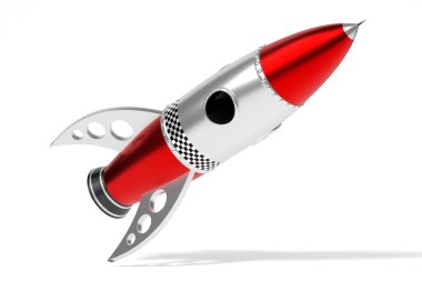 Gümüş ve kırmızı oyuncak roket - 3D illüstrasyon