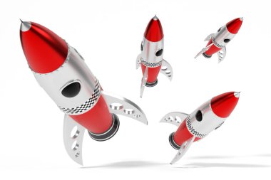 Gümüş ve kırmızı oyuncak roketler - 3D illüstrasyon