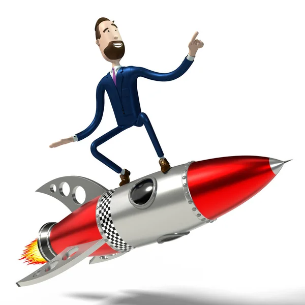 Handsome cartoon businessman riding on toy rocket, white background - 3D illustration