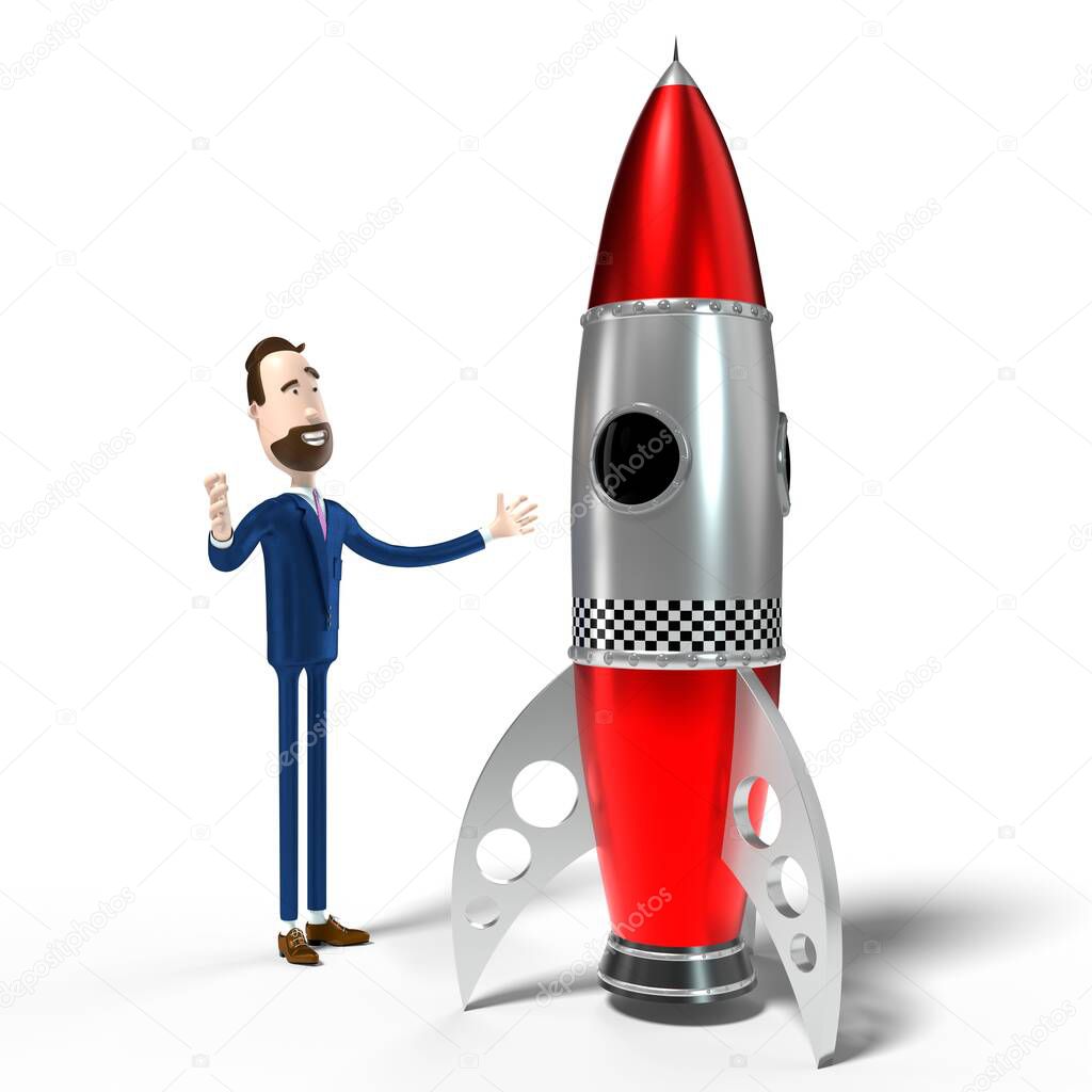 Handsome cartoon businessman and toy rocket, white background - 3D illustration