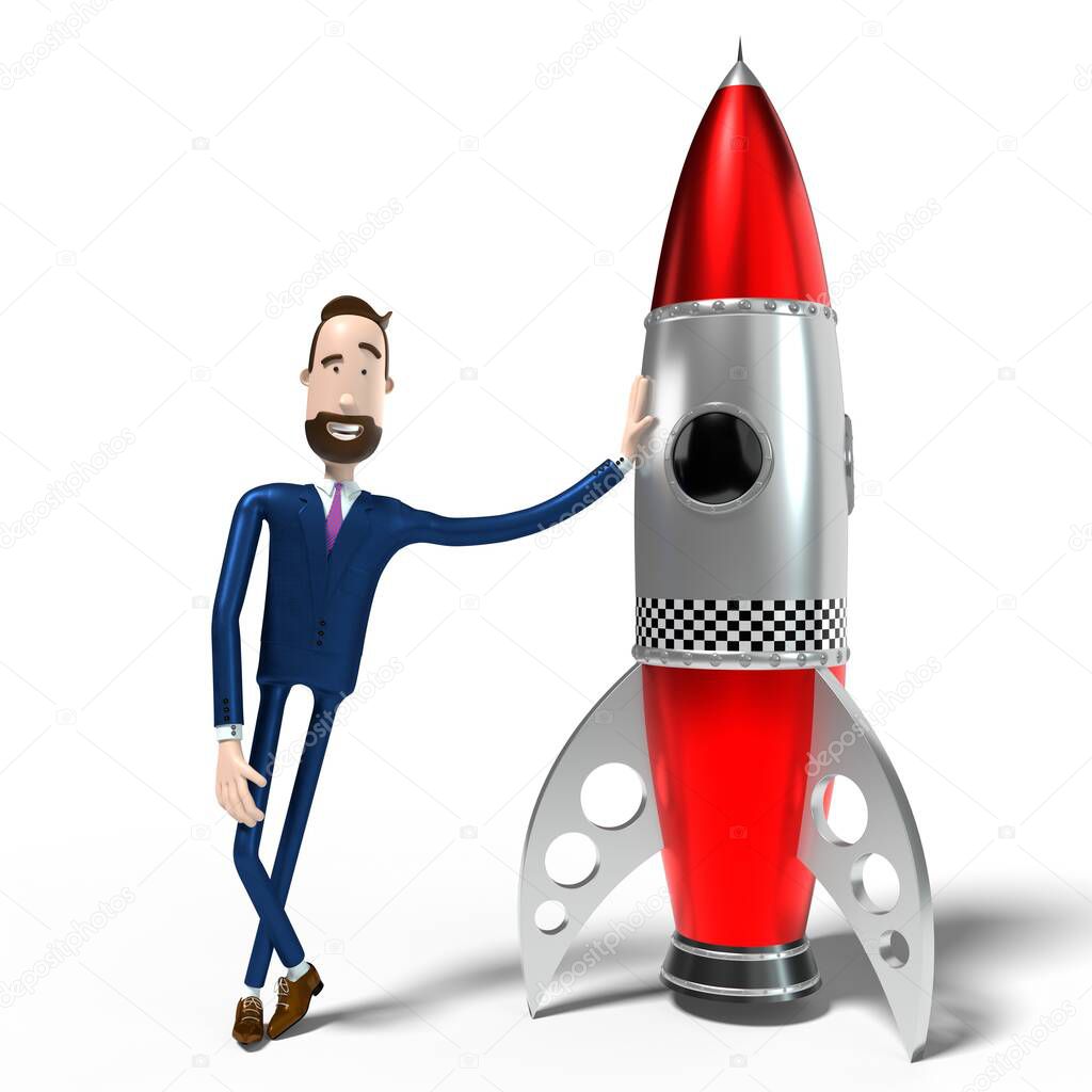 Handsome cartoon businessman and toy rocket, white background - 3D illustration