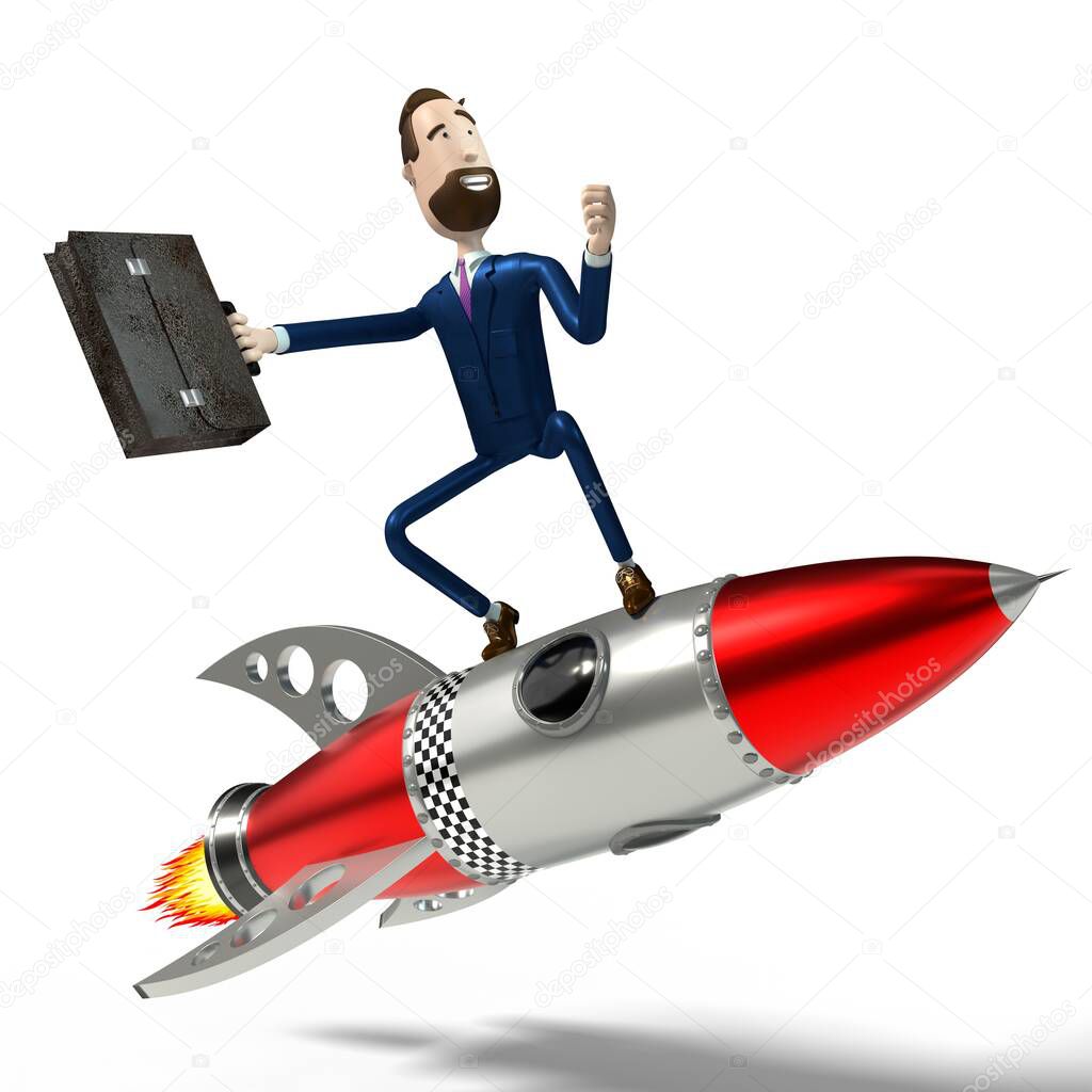 Handsome cartoon businessman riding on toy rocket, white background - 3D illustration