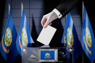 Idaho bayrakları, oy pusulasının kutuya atılması - oy kullanma, seçim konsepti - 3 boyutlu illüstrasyon