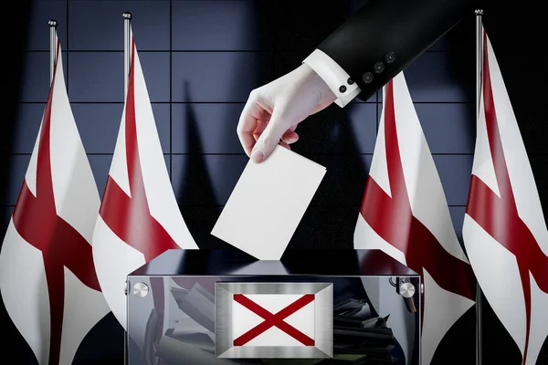 Banderas Alabama Mano Dejando Caer Tarjeta Votación Una Caja Votación — Foto de Stock
