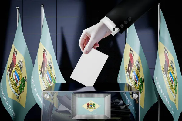 Bandiere Delaware Mano Cadere Scheda Elettorale Una Scatola Voto Concetto — Foto Stock