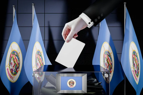 明尼苏达州国旗 手递选票进入投票箱 选举概念 3D插图 — 图库照片