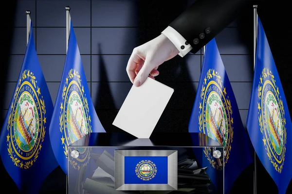 Bandeiras New Hampshire Cartão Cédula Mão Soltando Uma Caixa Votação — Fotografia de Stock