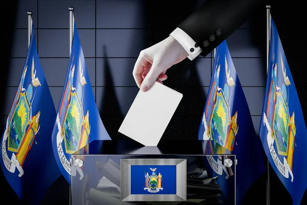 New York Flags Hand Dropping Ballot Card Box Voting Election — Stock Photo, Image