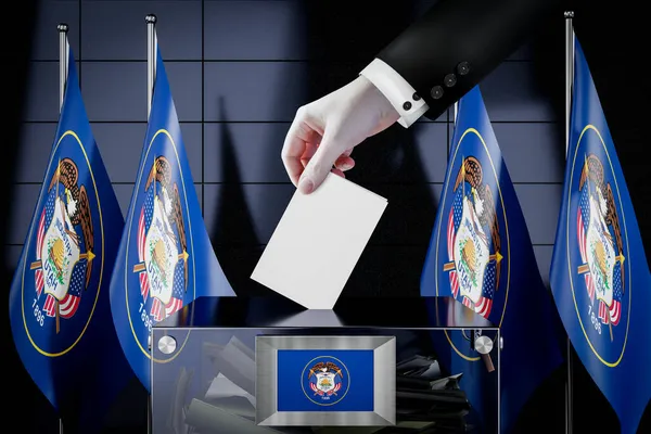 ユタ州の旗 投票カードを箱に落とす 選挙の概念 3Dイラスト — ストック写真