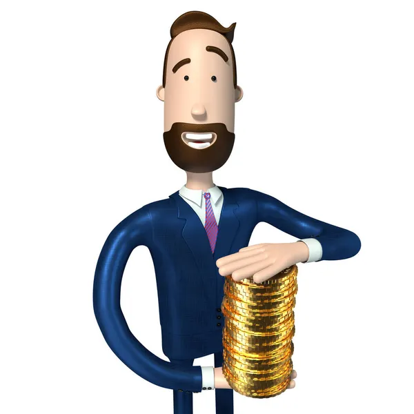 Empresário Desenhos Animados Hipster Segurando Dinheiro Moedas Ouro Ilustração — Fotografia de Stock