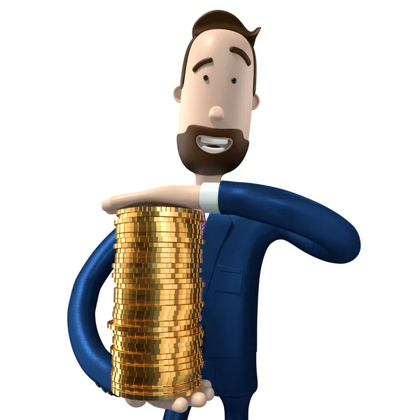 Empresário Desenhos Animados Hipster Segurando Dinheiro Moedas Ouro Ilustração — Fotografia de Stock