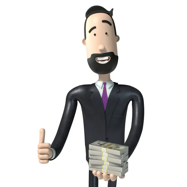 Bonito Homem Negócios Dos Desenhos Animados Segurando Notas 100 Dólares — Fotografia de Stock
