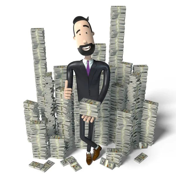 Handsome Cartoon Businessman Holding 100 Dollar Bills Illustration — Stock Photo, Image