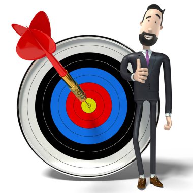 Hipster karikatür işadamı ve dart tahtası - başarı konsepti - 3 boyutlu illüstrasyon