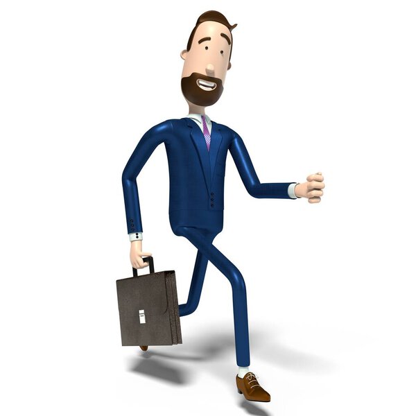 Hipster cartoon character businessman runs with a briefcase - 3D illustration