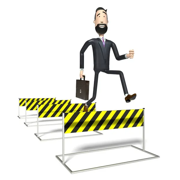 Hipster Personaje Dibujos Animados Hombre Negocios Salta Sobre Los Obstáculos —  Fotos de Stock