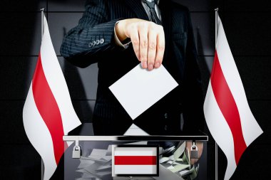 Belarus bayrakları, el işareti oylama kartı - seçim konsepti - 3D illüstrasyon