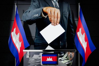 Kamboçya bayrakları, oy kullanma kartı - seçim konsepti - 3D illüstrasyon