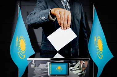 Kazakistan bayrakları, oy kullanma kartı - seçim konsepti - 3D illüstrasyon