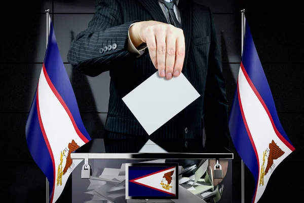 Bandeiras Samoa Americana Mão Soltando Cartão Voto Conceito Eleição Ilustração — Fotografia de Stock
