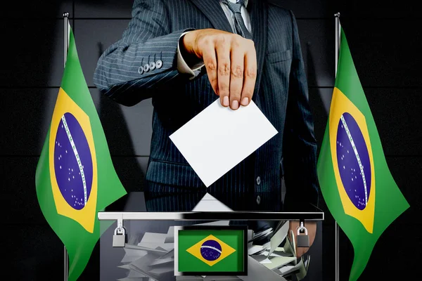 Bandeiras Brasil Mão Soltando Cartão Voto Conceito Eleição Ilustração — Fotografia de Stock