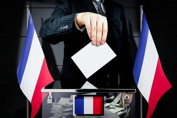 Bandeiras França Mão Soltando Cartão Voto Conceito Eleição Ilustração — Fotografia de Stock