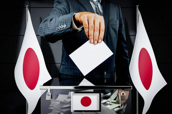 Bandeiras Japão Mão Soltando Cartão Voto Conceito Eleição Ilustração — Fotografia de Stock
