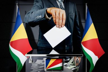 Seyşeller bayrakları, oy kullanma kartı - seçim konsepti - 3D illüstrasyon