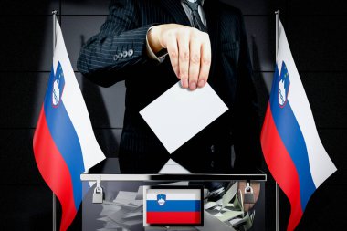 Slovenya bayrakları, oy verme kartı - seçim konsepti - 3D illüstrasyon