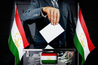 Tacikistan bayrakları, oy verme kartı - seçim konsepti - 3D illüstrasyon