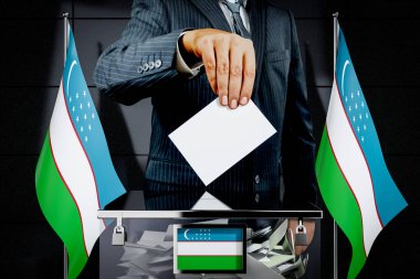 Özbekistan bayrakları, oy kullanma kartı - seçim konsepti - 3D illüstrasyon