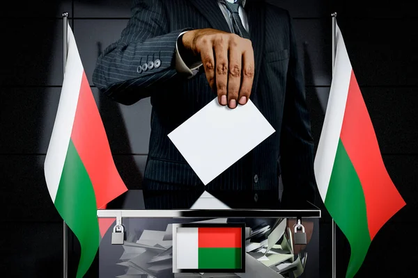 Madagaskar bayrakları, oy verme kartı - seçim konsepti - 3D illüstrasyon
