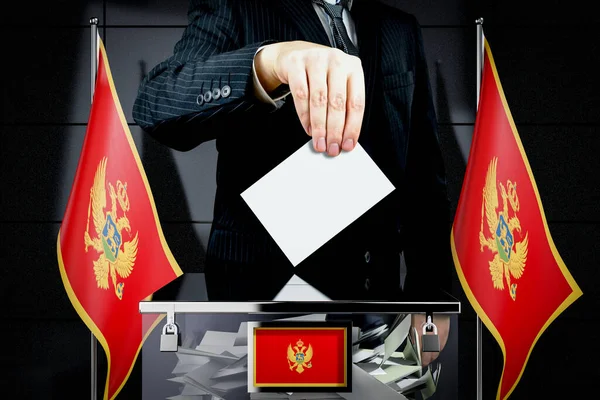 Bandeiras Montenegro Mão Soltando Cartão Voto Conceito Eleição Ilustração — Fotografia de Stock